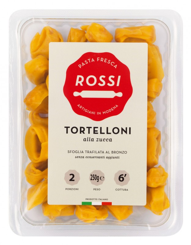 Tortelloni alla zucca, Frische Eiernudeln mit Kürbisfüllung, Pasta Fresca Rossi - 250 g - Packung Tortelloni alla zucca, Frische Eiernudeln mit Kürbisfüllung, Pasta Fresca Rossi - 250 g - Packung