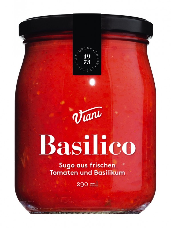 BASILICO - Sugo gemaakt van tomaten en basilicum, tomatensaus met basilicum, Viani - 280 ml - Glas
