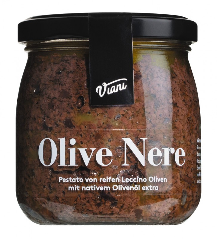 OLIVE NERE - Pestato di olive nere Leccino, Pestato à base d`olives noires Leccino, Viani - 170 grammes - Verre