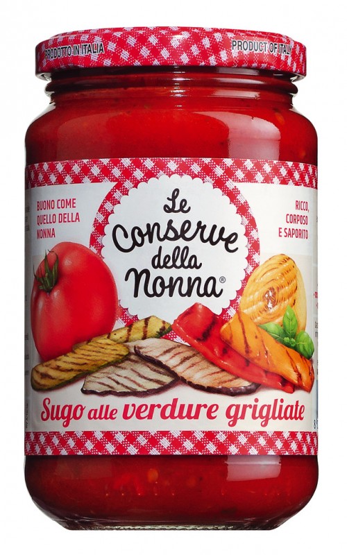 Sugo alle verdure grigliate, tomato sauce with grilled vegetables, Le Conserve della Nonna - 350g - Glass Sugo alle verdure grigliate, tomato sauce with grilled vegetables, Le Conserve della Nonna - 350g - Glass