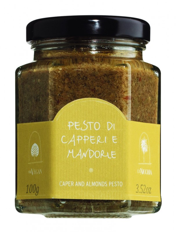 Pesto di capperi e mandorle, kappertjespesto met amandelen en basilicum, La Nicchia - 100 g - Glas