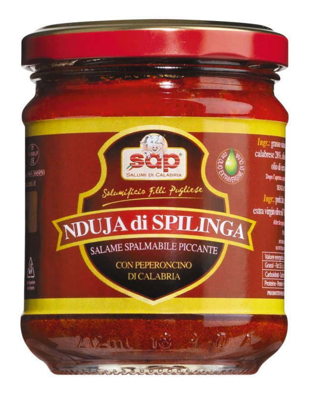 Nduja di Spilinga, in vasetto, smeerbare varkenssalami, pikant, Salumificio F.lli Pugliese - 180 g - Glas