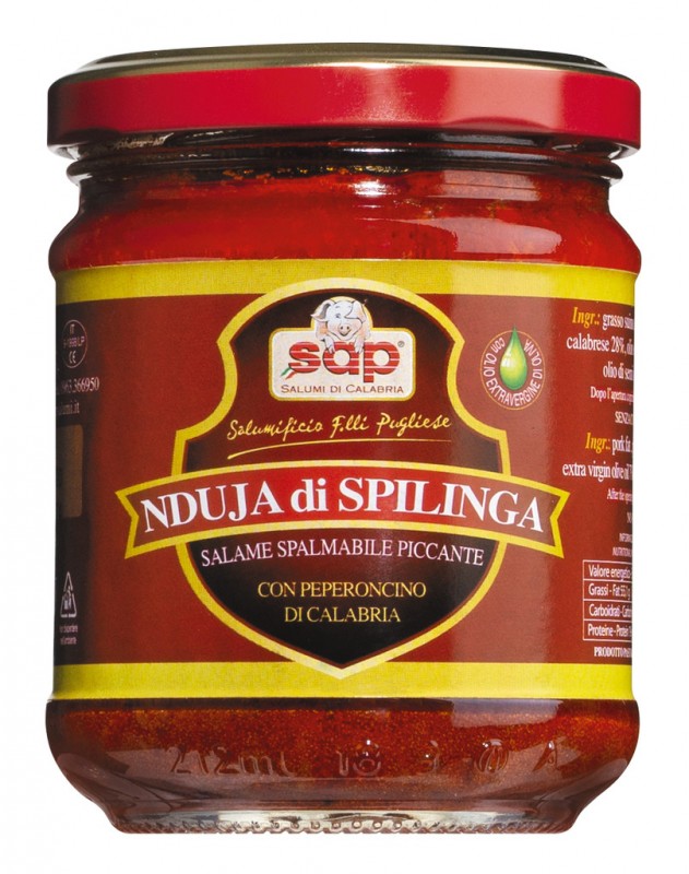 Nduja di Spilinga, i vasetto, smørbar svinekødssalami, krydret, Salumificio F.lli Pugliese - 180 g - Glas