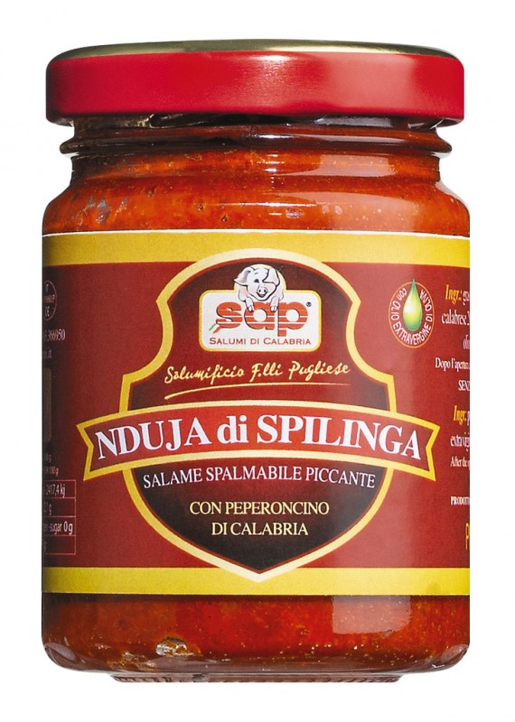 Nduja di Spilinga, in vasetto, smeerbare varkenssalami, pikant, Salumificio F.lli Pugliese - 90 g - Glas