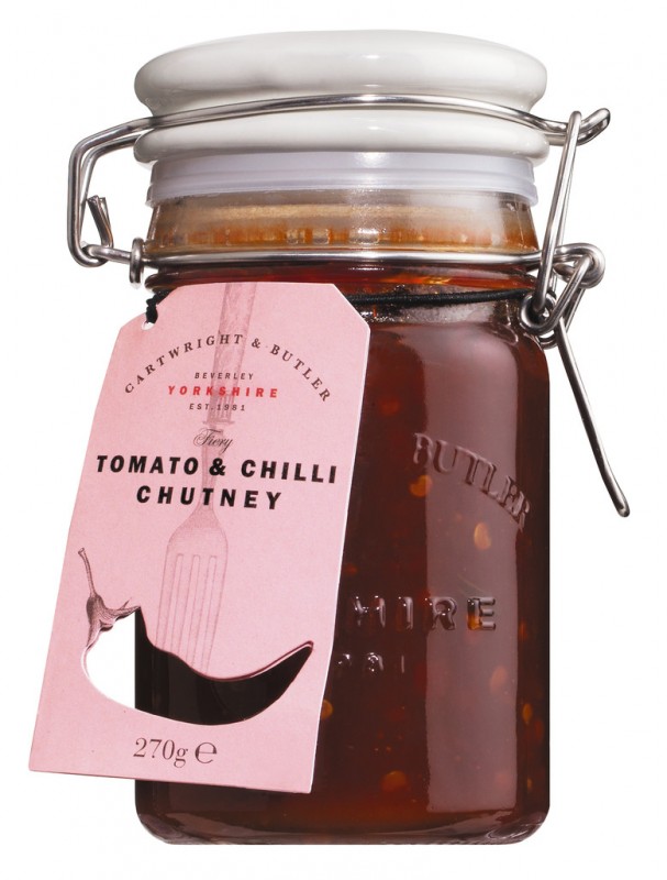 Tomaat + chili Chutney, Chutney van tomaat en chili, Cartwright en Butler - 270 g - Glas