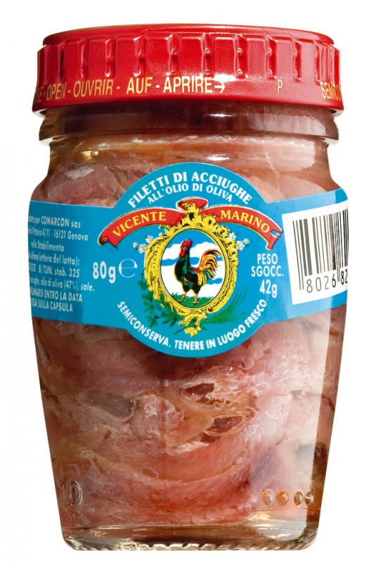 Filetti di acciughe in olio di oliva, Sardellenfilets in Olivenöl,  Halbkonserve, Vicente Marino, 80 g, Glas