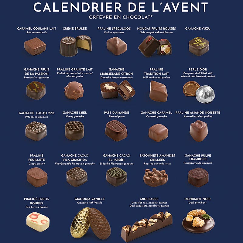 Adventskalender Michel Cluizel, 24 Pralinen, ohne Alkohol - 273 g - Schachtel Adventskalender Michel Cluizel, 24 Pralinen, ohne Alkohol - 273 g - Schachtel