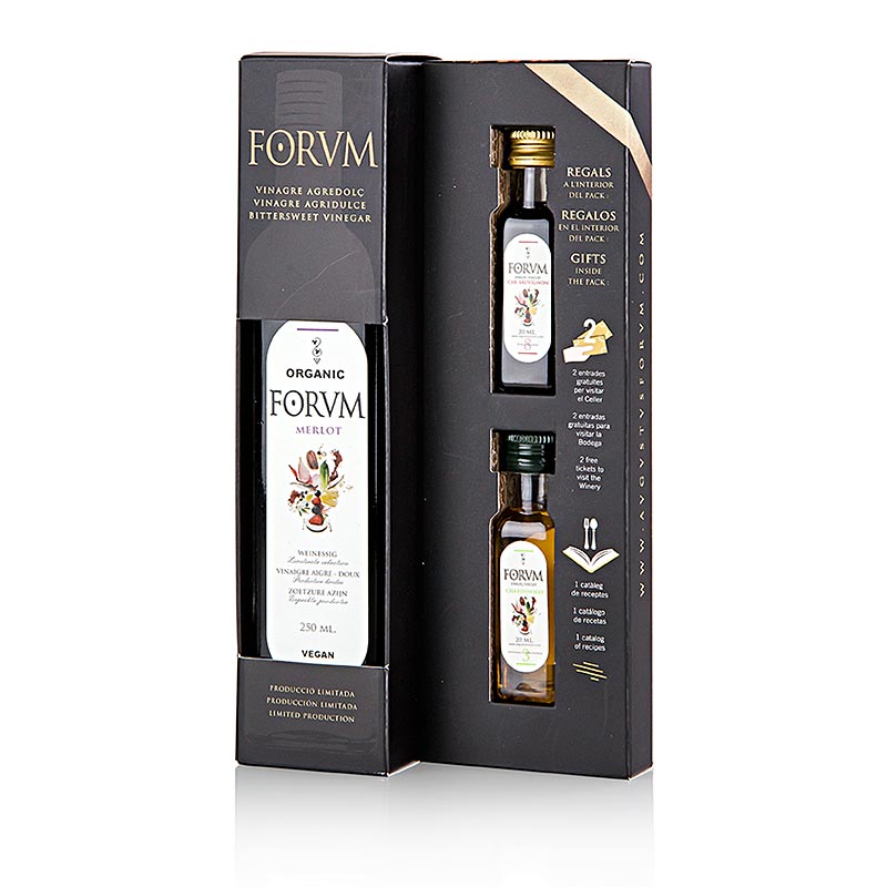 FORVM Geschenkset - 1 Merlotessig + 2 Proben (Chardonnay/Cabernet S.) - 250 ml - Karton