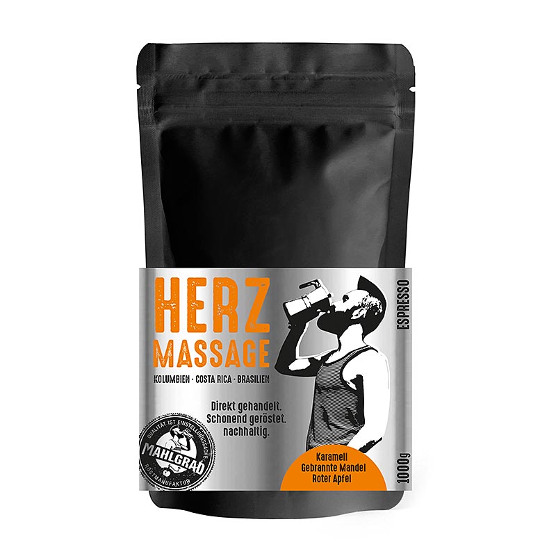 Mahlgrad - Herzmassage, 100% Arabica Espresso, ganze Bohnen - 1 kg - Beutel Mahlgrad - Herzmassage, 100% Arabica Espresso, ganze Bohnen - 1 kg - Beutel