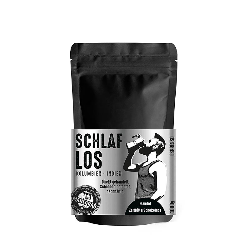 Mahlgrad - Schlaflos, 70% Robusta/ 30% Arabica Espresso, ganze Bohnen - 500 g - Beutel Mahlgrad - Schlaflos, 70% Robusta/ 30% Arabica Espresso, ganze Bohnen - 500 g - Beutel
