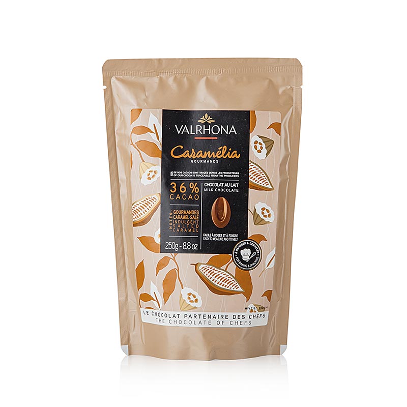 Valrhona Caramelia, chocolat au lait 36%, callets - 250 g - sac