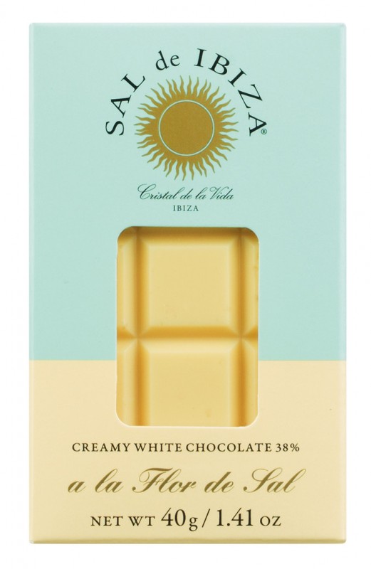 Creamy White Chocolate 38 % a la flor de sal, Bio, Weiße Schokolade 38 % mit Fleur de Sel, Bio, Sal de Ibiza - 40 g - Stück