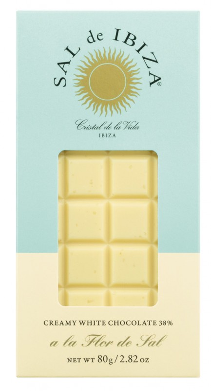 Creamy White Chocolate 38 % a la flor de sal, Bio, Weiße Schokolade 38 % mit Fleur de Sel, Bio, Sal de Ibiza - 80 g - Stück