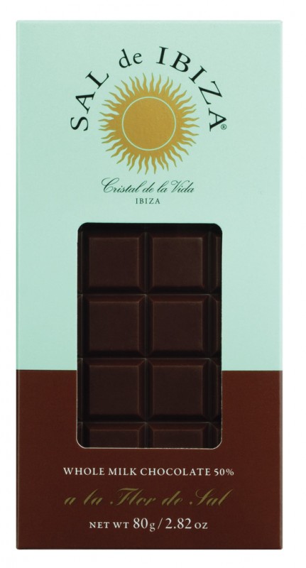 Whole Milk Chocolate 50 % a la flor de sal, Bio, Vollmilchschokolade 50 % mit Fleur de Sel, Bio, Sal de Ibiza - 80 g - Stück