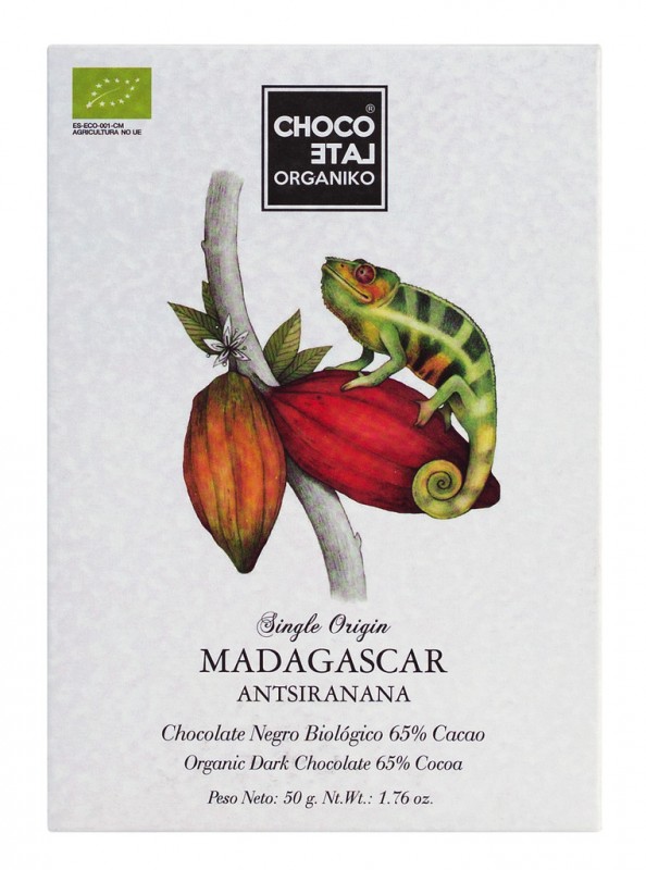 Origine Madagascar, 65% Cacao, bio, chocolat noir 65%, Chocolat Orgániko - 50 grammes - pièce
