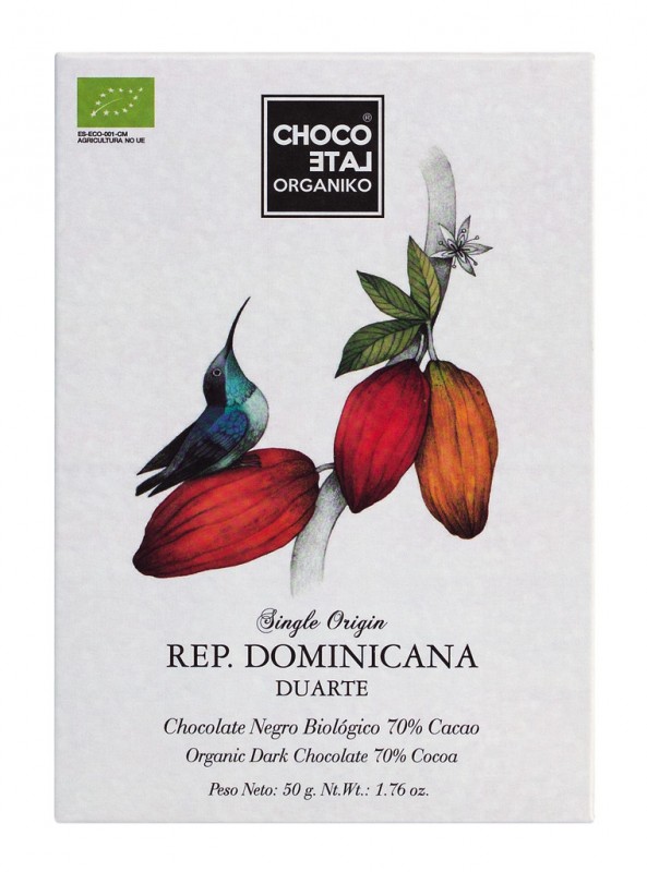 Origine République Dominicaine, 70% Cacao, bio, chocolat noir 70%, Chocolat Orgániko - 50 grammes - pièce