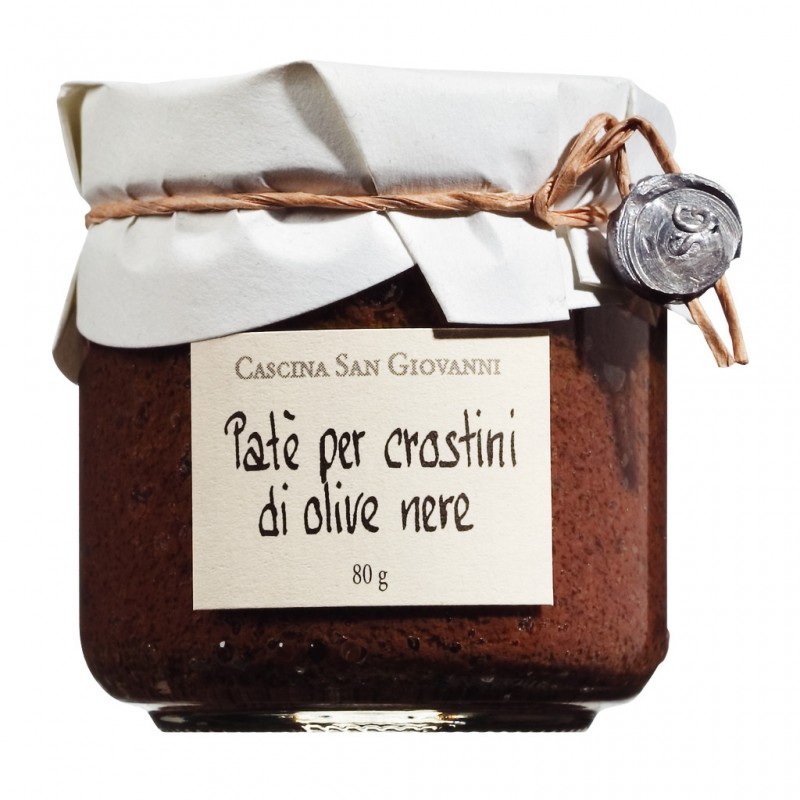 Pate di olive nere, Crostinocreme aus schwarzen Oliven, Cascina San Giovanni - 80 g - Glas
