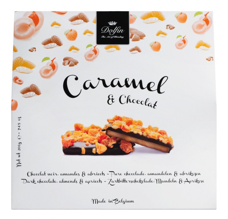 Caramel au beurre sale avec amandes et apricots, Salted butter caramel with almonds + apricots, Dolfin - 200 g - pack