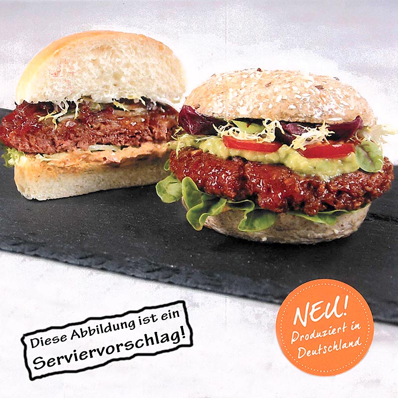 Erbsenprotein Burger Patties, vegan, ca. 12cm Ø, Hela - 5 kg, 40 x 125g - Karton Erbsenprotein Burger Patties, vegan, ca. 12cm Ø, Hela - 5 kg, 40 x 125g - Karton