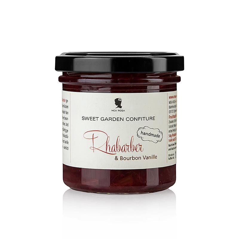 Confiture Sweet Garden - Tartinade de fruits à la rhubarbe et à la vanille bourbon, Mea Rosa - 180 grammes - Un verre