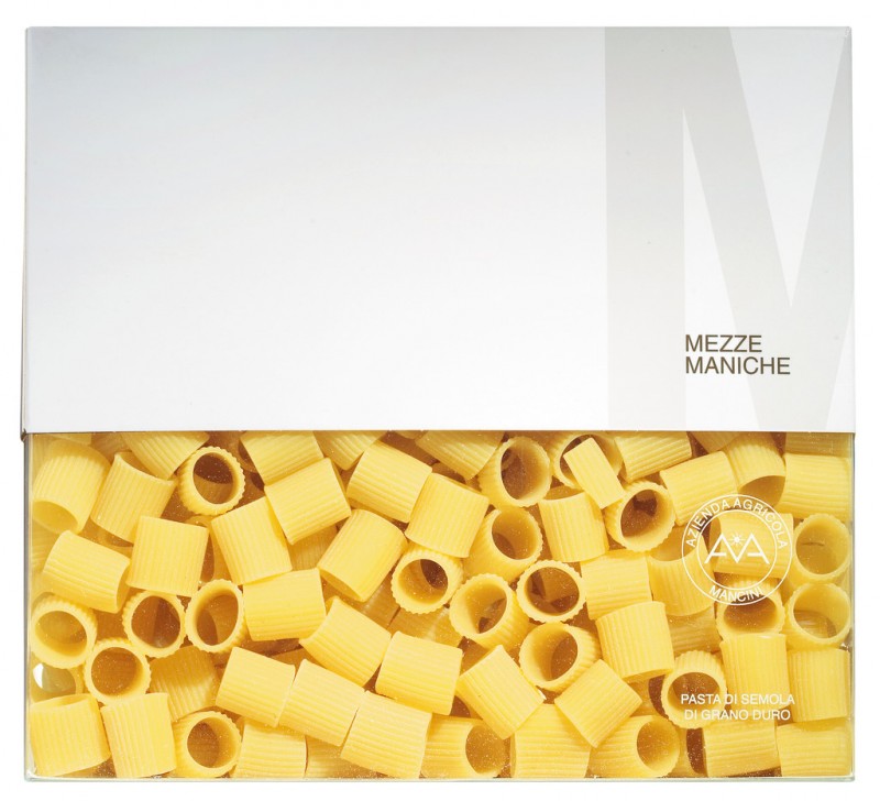 Mezze Maniche, Hartweizennudeln, großformatig, Pasta Mancini - 1.000 g - Packung Mezze Maniche, Hartweizennudeln, großformatig, Pasta Mancini - 1.000 g - Packung