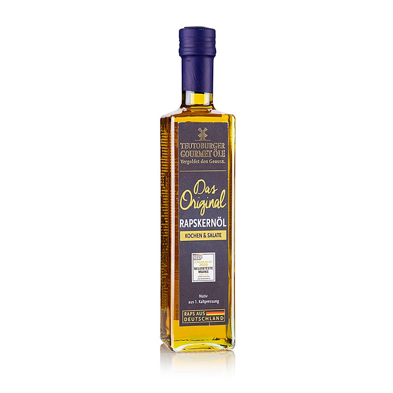 Rapeseed seed oil, cold-pressed, from peeled rapeseed, Teutoburg oil mill - 500ml - Bottle