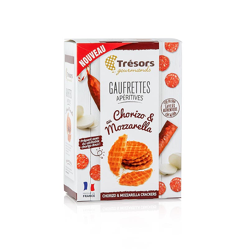 Barsnack Tresors - Gaufrettes, Frans Mini wafels met chorizo en mozzarella - 60 g - doos