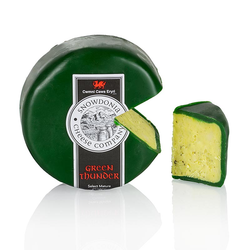 Snowdonia - Green Thunder, fromage cheddar à l`ail et aux fines herbes, cire verte - 200 grammes - papier
