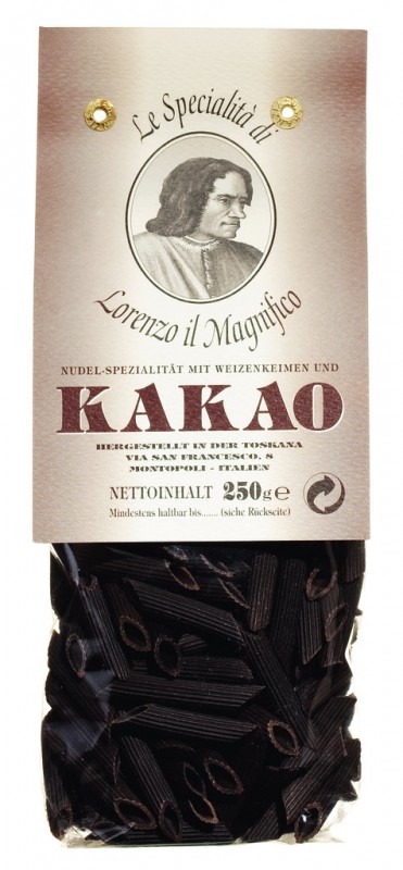Penne rigate mit Kakao, Penne rigate mit Kakao und Weizenkeimen, Lorenzo il Magnifico - 250 g - Packung Penne rigate mit Kakao, Penne rigate mit Kakao und Weizenkeimen, Lorenzo il Magnifico - 250 g - Packung