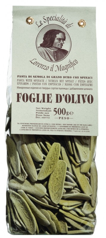 Foglie d`olivo mit Spinat, Nudeln mit Spinat, Lorenzo il Magnifico - 500 g - Packung Foglie d`olivo mit Spinat, Nudeln mit Spinat, Lorenzo il Magnifico - 500 g - Packung