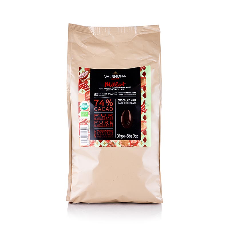 Valrhona Millot, mørk couverture, 74% kakao, callets (31508), BIO - 3 kg - taske