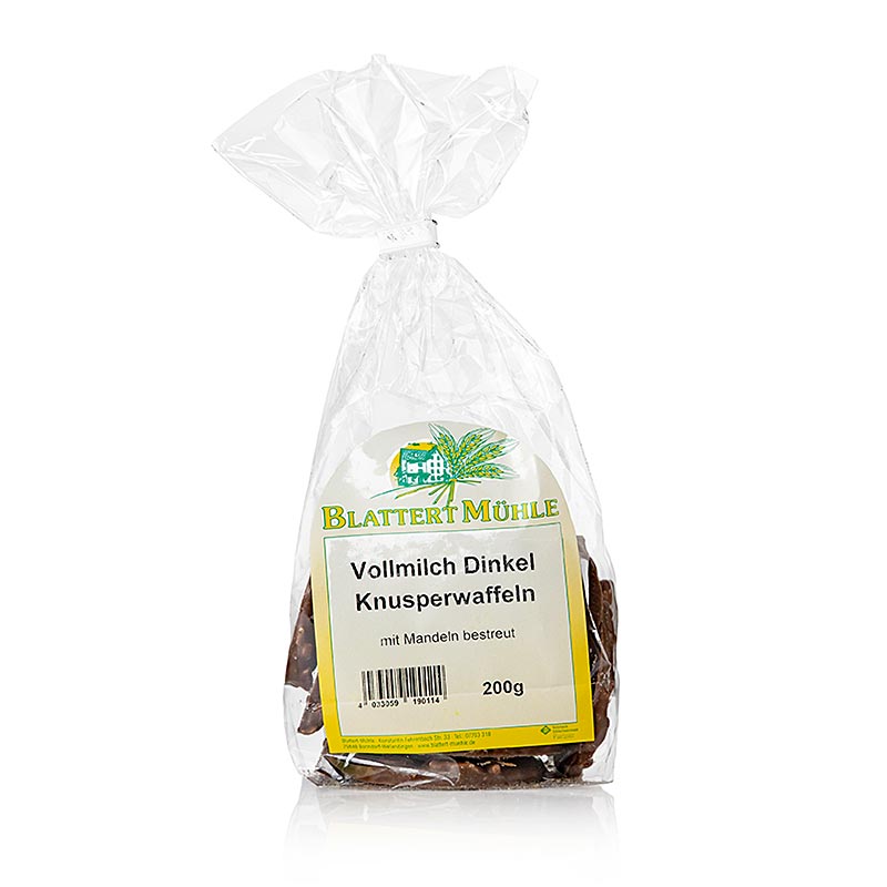 Speltwafel van volle melk met amandelschilfers in chocolade, Blattert Mühle - 200 gram - zak