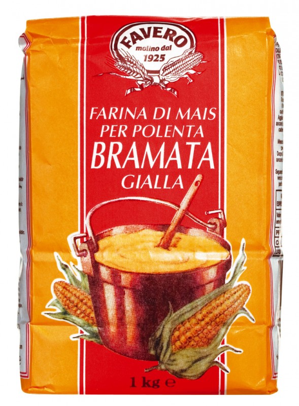 Farina di mais Bramata gialla, per polenta, Maismehl grob, Favero - 1.000 g - Packung