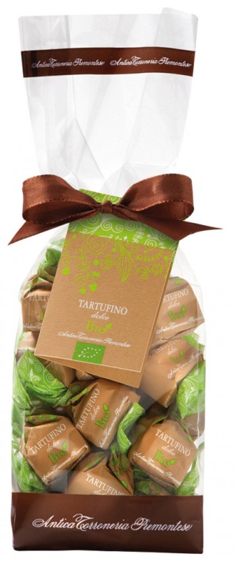 Tartufini dolci bio, sacchetto, trøffel med mælkechokolade med hasselnødder bio, Btl, Antica Torroneria Piemontese - 200 g - taske