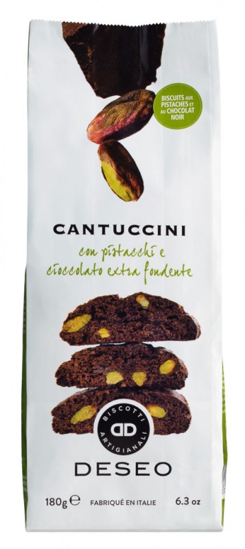 Cantuccini con pistacchi cioccolato extr fondente, Cantuccini mit Pistazien und Zartbitterschokolade, Deseo - 180 g - Beutel