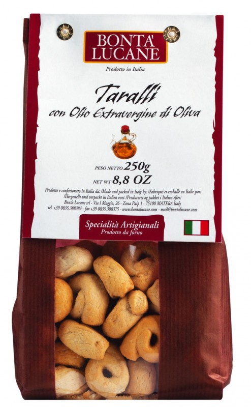 Taralli met extra vergine olijfolie, hartige koekjes met extra vergine olijfolie, Bonta Lucane - 250 g - zak