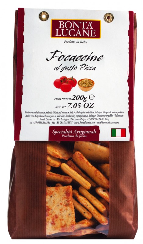 Focaccine al gusto pizza, savory biscuits with tomato and oregano, Bonta Lucane - 200 g - bag