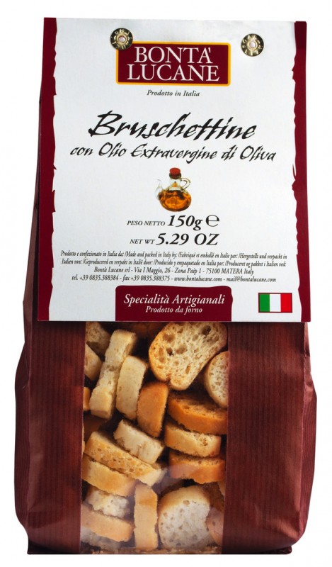 Bruschettine all`olio extra vergine di oliva, tranches de pain grillées à l`huile d`olive, Bonta Lucane - 150 g - sac