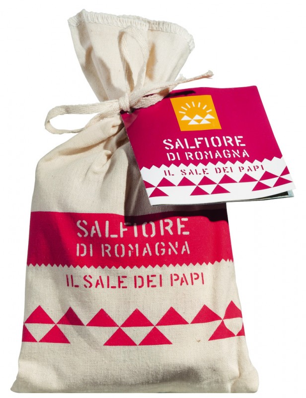 Salfiore di Romagna, Meersalz im Jutesack, mittlere Körnung, Parco della Salina di Cervia - 300 g - Beutel Salfiore di Romagna, Meersalz im Jutesack, mittlere Körnung, Parco della Salina di Cervia - 300 g - Beutel