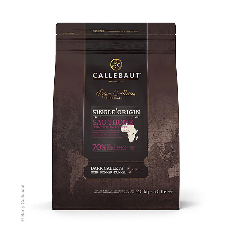 Callebaut Origin Select Sao Thome - couverture noire, 70% de cacao, sous forme de callets - 2,5 kg - sac