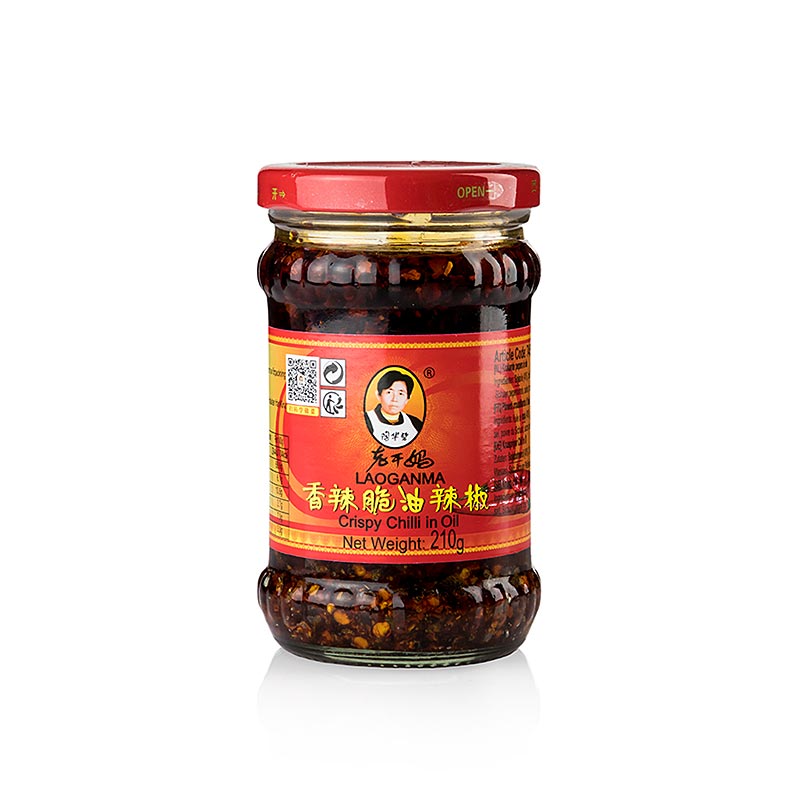 Crispy Chili Oil - Chili à l`huile aux oignons croustillants, Lao Gan Ma - 210 grammes - Un verre