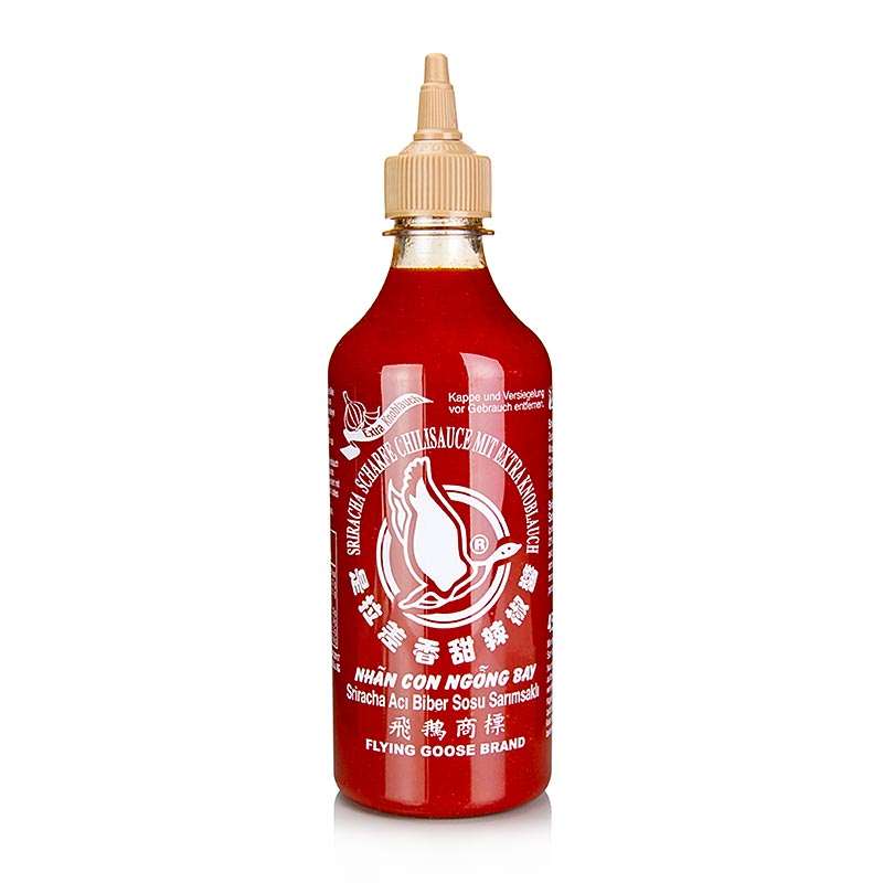 Sauce chili - Sriracha, piquante, à l`ail, bouteille souple, oie volante - 455 ml - bouteille de pe