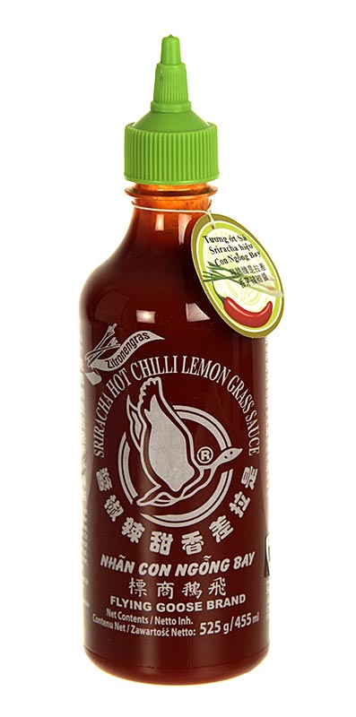 Chilisauce - Sriracha, varm, med citrongræs, klemflaske, flyvende gås - 455 ml - Pe flaske