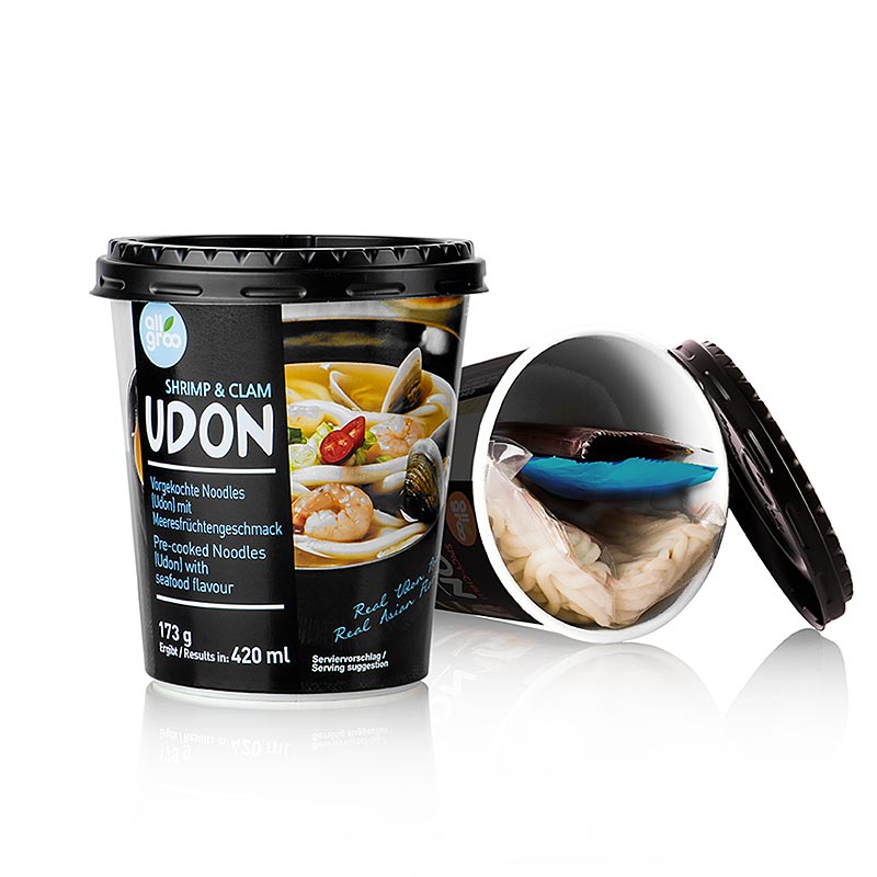 Instant Udon Cup Nudler, Rejer og Muslinger (fisk og skaldyr), Sydkorea, Allgroo - 173 g - Pe kan