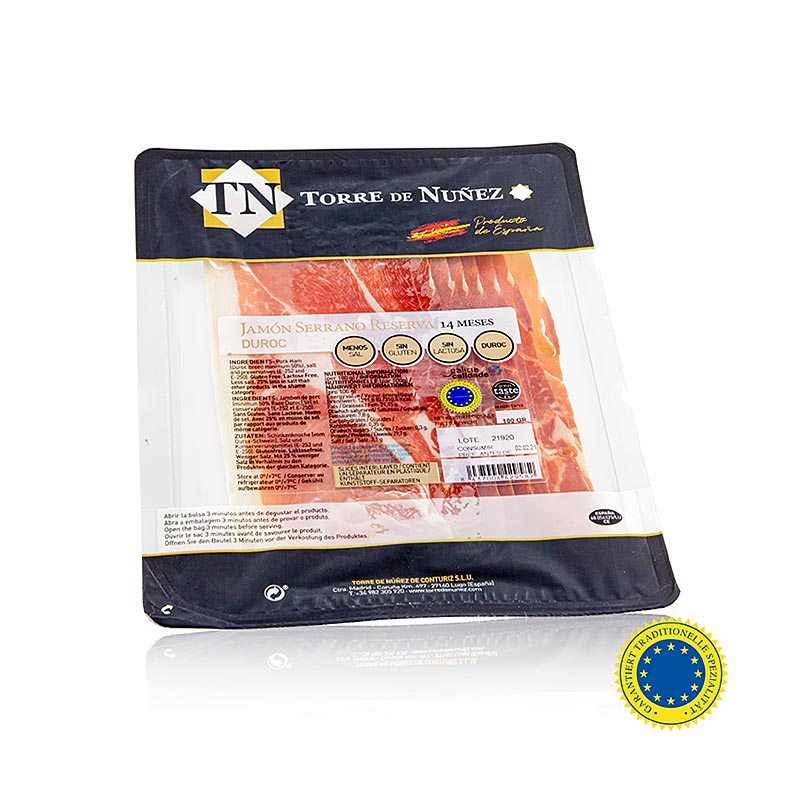 Jamon Serrano Reserva TSG, 14 maanden, gesneden ham, Torre de Nunez - 100 gram - blisterverpakking