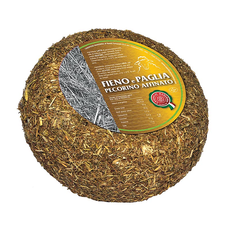 Pecorino affinato, in hooi en stro, fetakaas - ongeveer 1,2 kg - folie