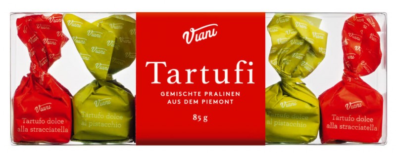 Tartufi misti pistacchio e stracciatella, case of 6, chocolate truffle pistachios and stracciatella, Viani - 85 g - pack