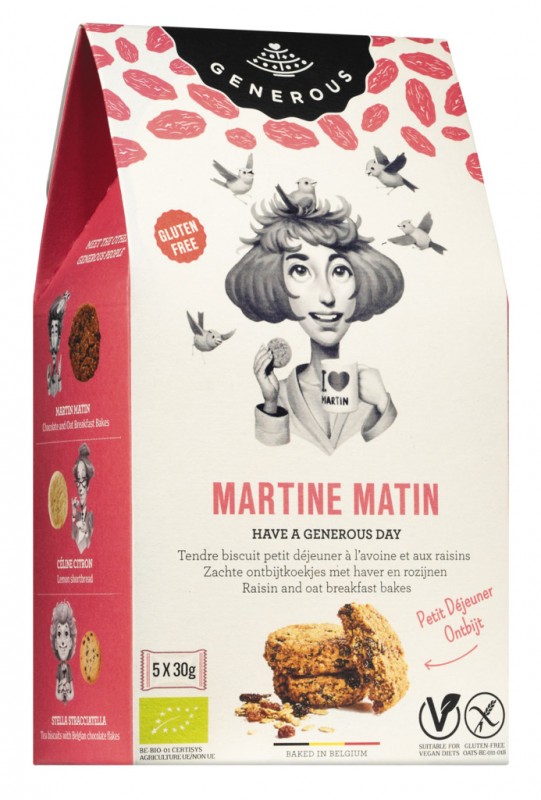 Martine Matin, økologisk, glutenfri, havrekiks med rosiner, Generøs - 150 g - pakke