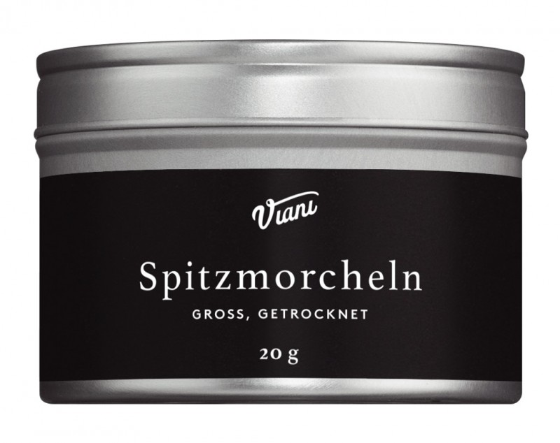 Spitzmorcheln getrocknet, ohne Stiel, Getrocknete Spitzmorcheln, Sortierung 4-6 cm, Viani - 20 g - Dose