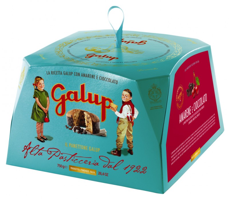 Astuccio Gran Galup Panettone amarena e cioccolato, Traditioneller Hefekuchen m.Schokolade u.Kirschen, Galup - 750 g - Stück